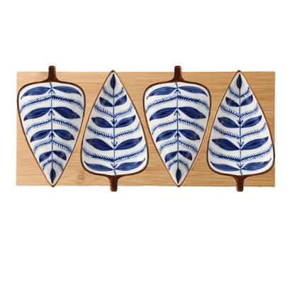Japanese Hand Painted Ceramic Leaf Appetizer Dishes With Wooden Tray