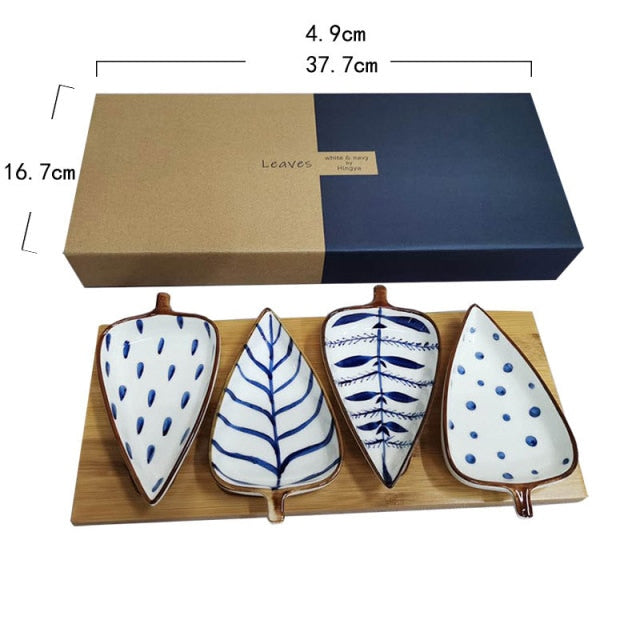 Japanese Hand Painted Ceramic Leaf Appetizer Dishes With Wooden Tray